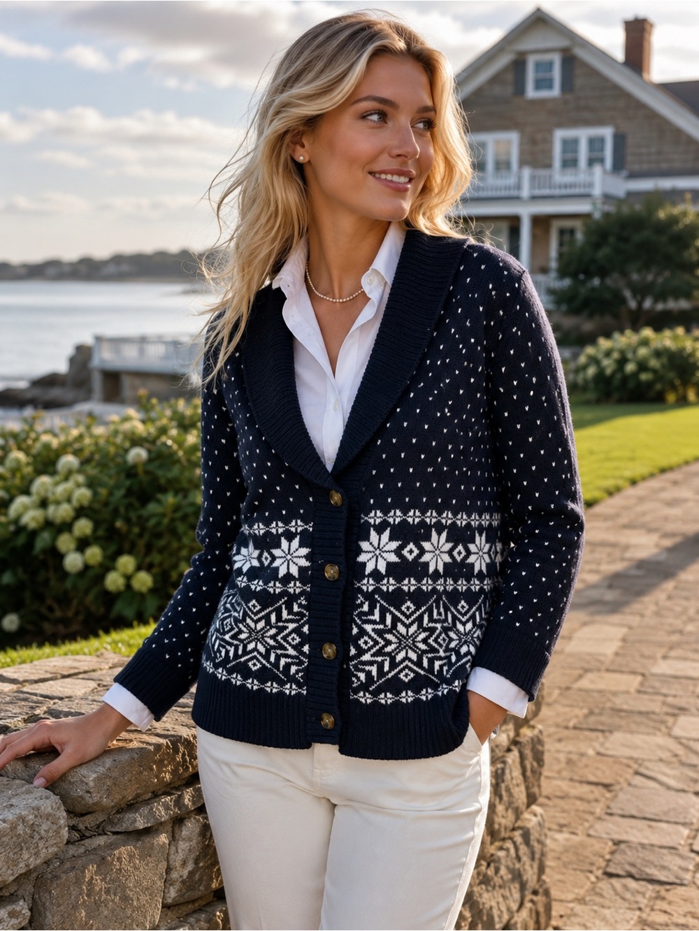LANDS' END Black Fair Isle Shawl Collar Coastal Prep Wool Blend Cardigan, L